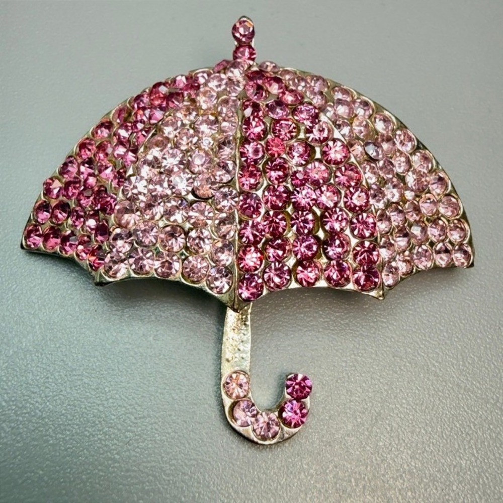 Vintage Pink Rhinestone Umbrella Brooch‎ Pin Spring Summer Festive Statement